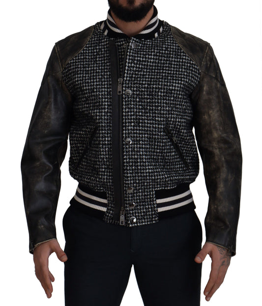 Dolce & Gabbana Multicolor Houndstooth Leather Bomber Jacket Dolce & Gabbana