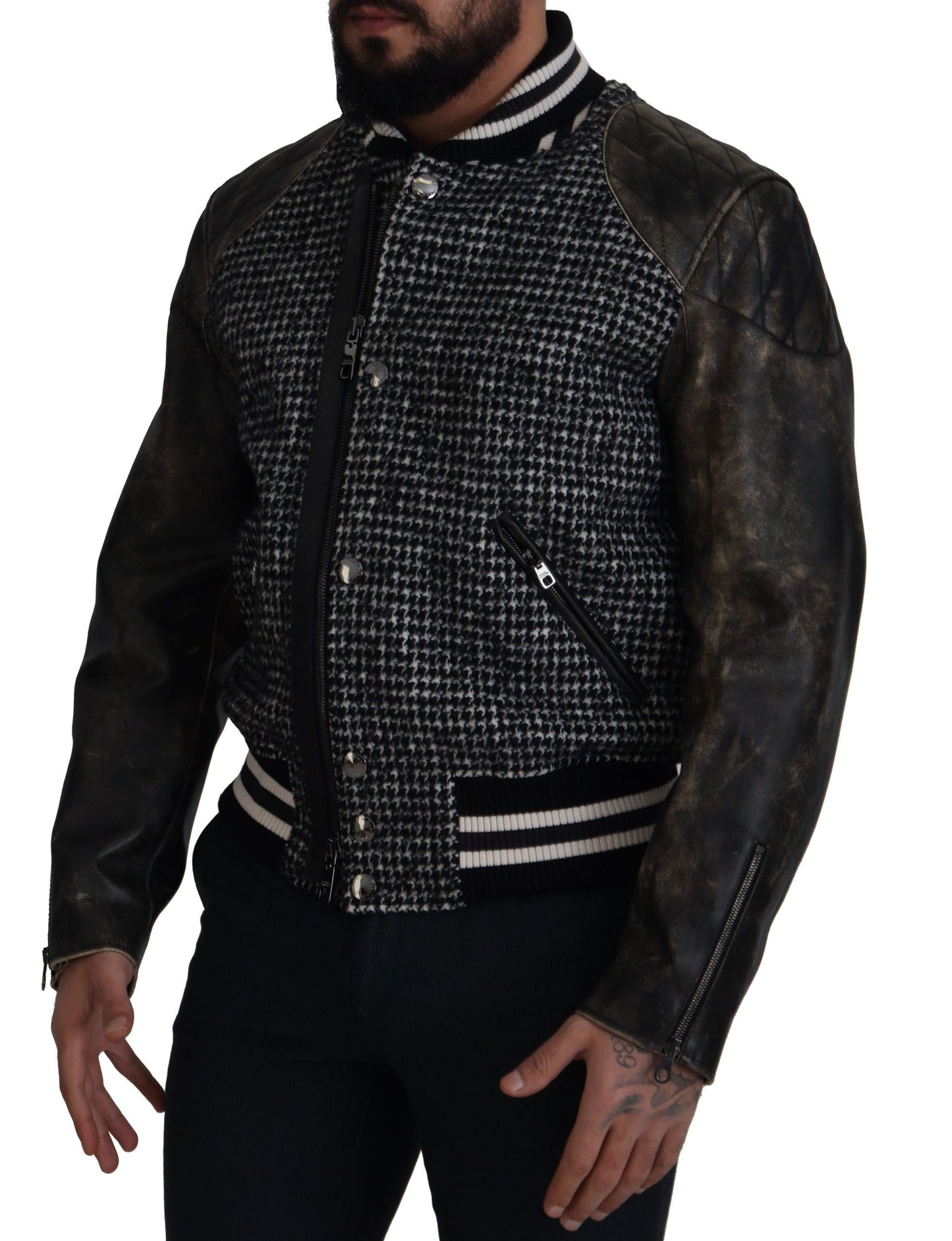 Dolce & Gabbana Multicolor Houndstooth Leather Bomber Jacket Dolce & Gabbana