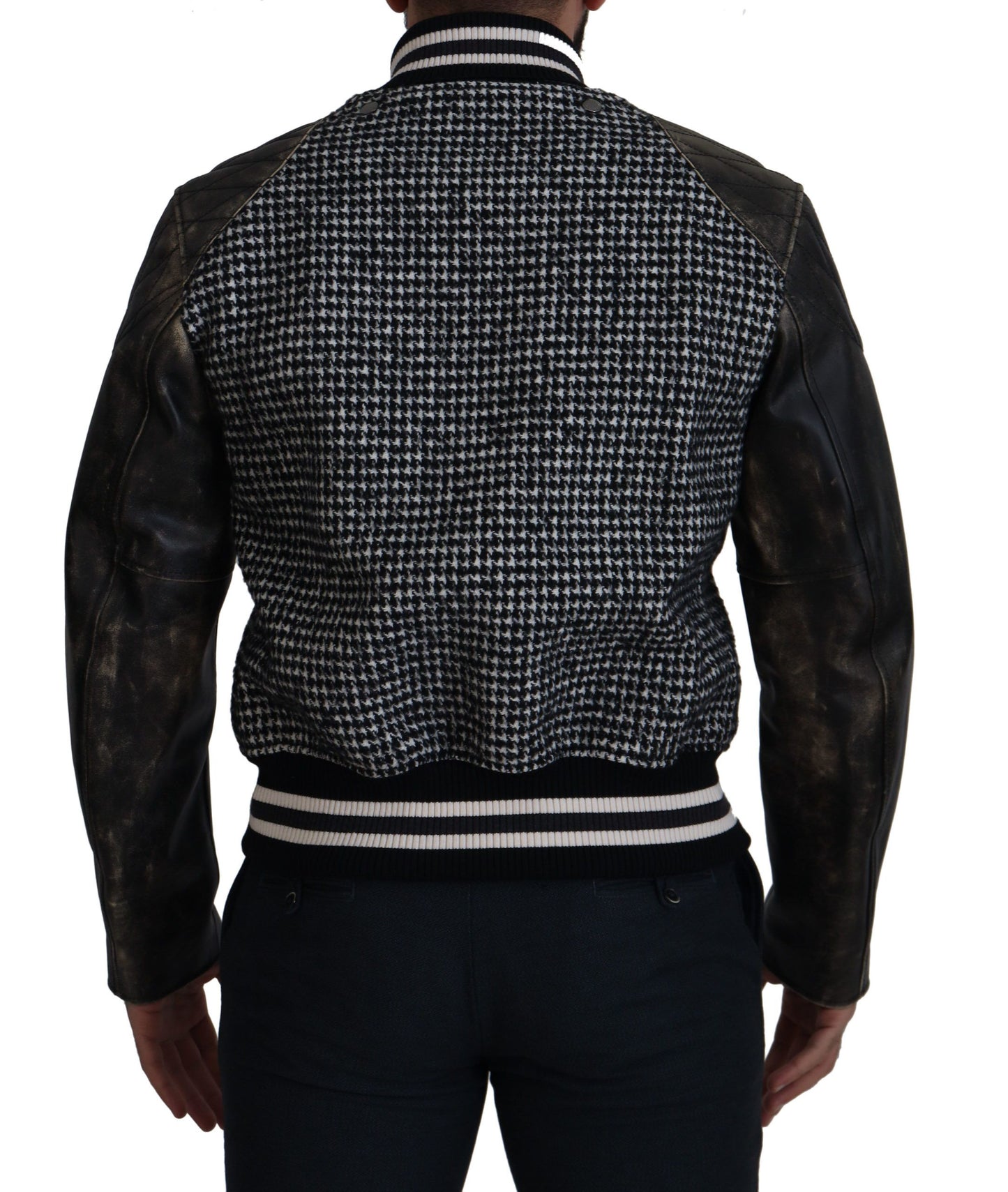 Dolce & Gabbana Multicolor Houndstooth Leather Bomber Jacket Dolce & Gabbana