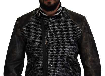 Dolce & Gabbana Multicolor Houndstooth Leather Bomber Jacket Dolce & Gabbana