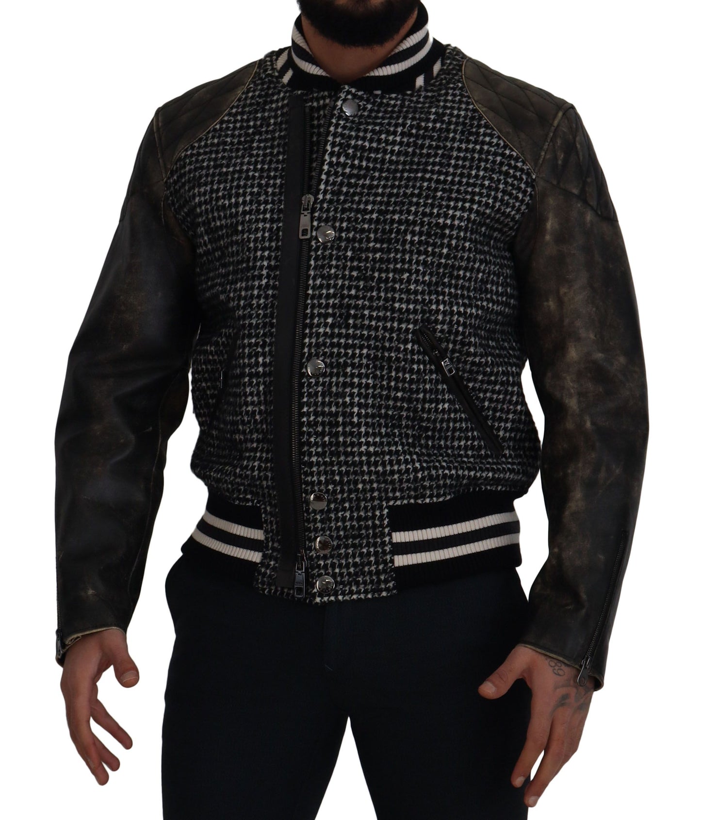 Dolce & Gabbana Multicolor Houndstooth Leather Bomber Jacket Dolce & Gabbana