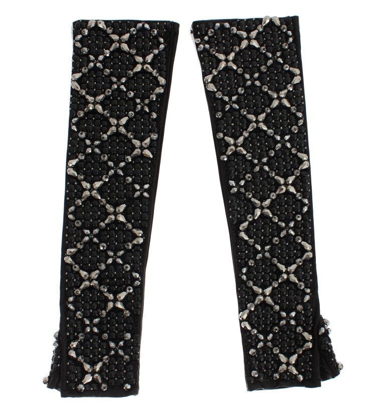 Dolce & Gabbana Elegant Black Crystal Beaded Leather Gloves Dolce & Gabbana