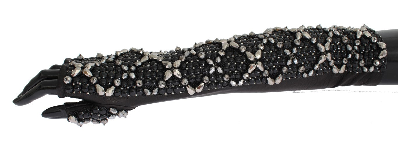 Dolce & Gabbana Elegant Black Crystal Beaded Leather Gloves Dolce & Gabbana