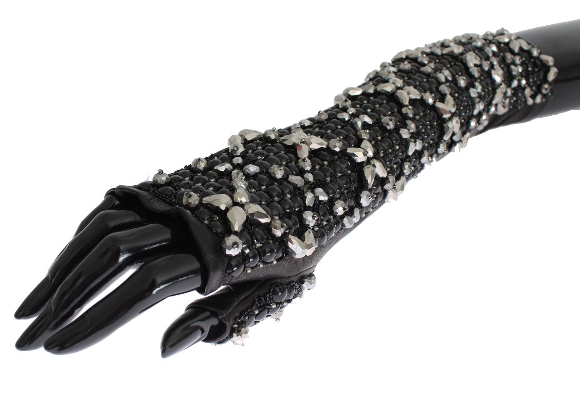 Dolce & Gabbana Elegant Black Crystal Beaded Leather Gloves Dolce & Gabbana