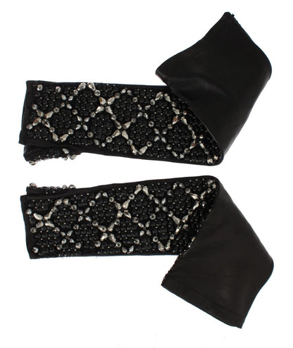 Dolce & Gabbana Elegant Black Crystal Beaded Leather Gloves Dolce & Gabbana