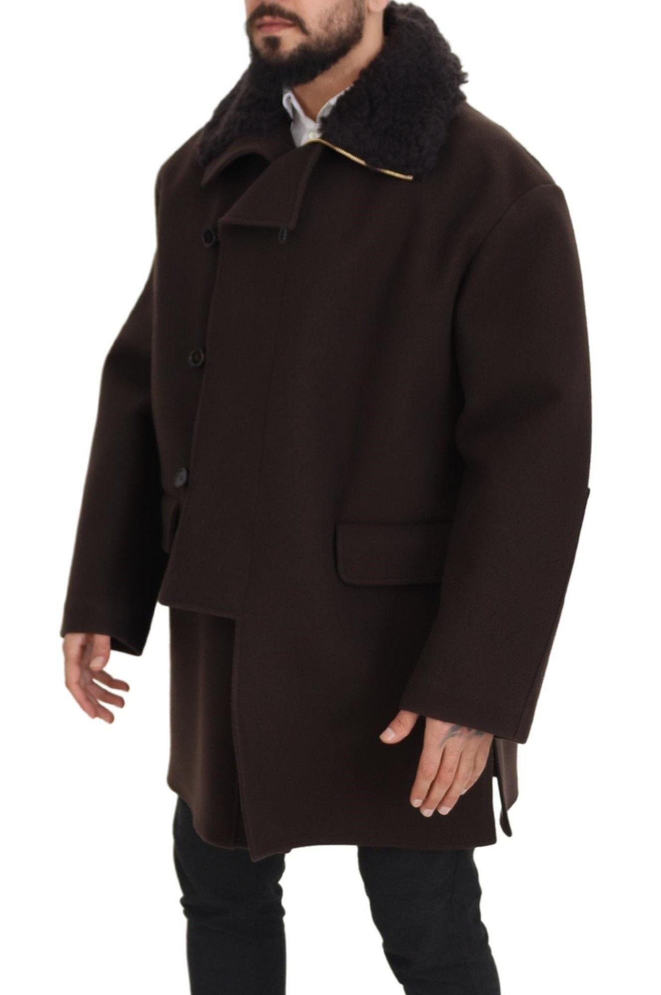 Dolce & Gabbana Elegant Dark Brown Shearling Coat Jacket Dolce & Gabbana