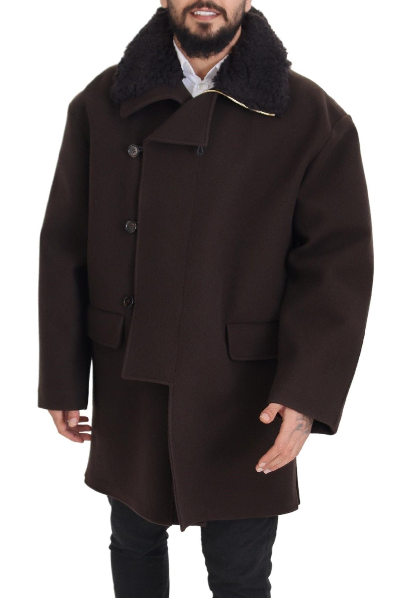 Dolce & Gabbana Elegant Dark Brown Shearling Coat Jacket Dolce & Gabbana