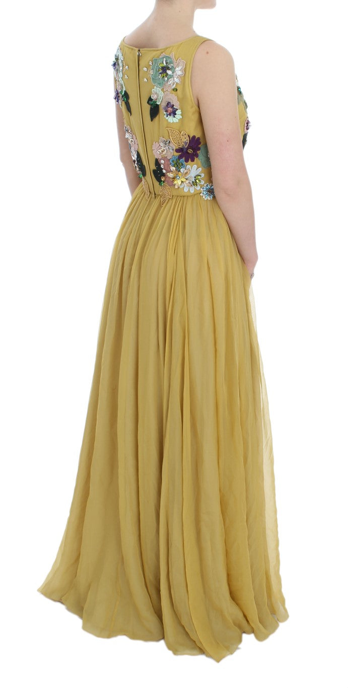 Dolce & Gabbana Enchanting Yellow Silk Floral Appliqué Gown Dolce & Gabbana