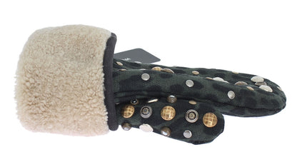 Dolce & Gabbana Elegant Studded Gray Wool Shearling Gloves Dolce & Gabbana