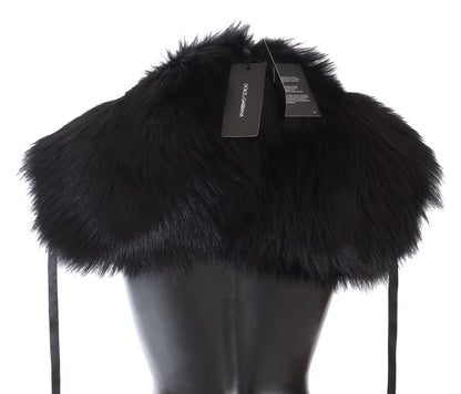 Dolce & Gabbana Elegant Black Fox Fur Silk Shoulder Wrap Dolce & Gabbana