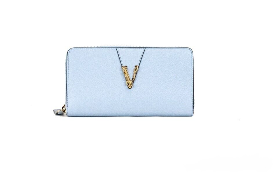 Versace Large Cornflower Grainy Leather Gold Monogram Zip Around Clutch Wallet Versace