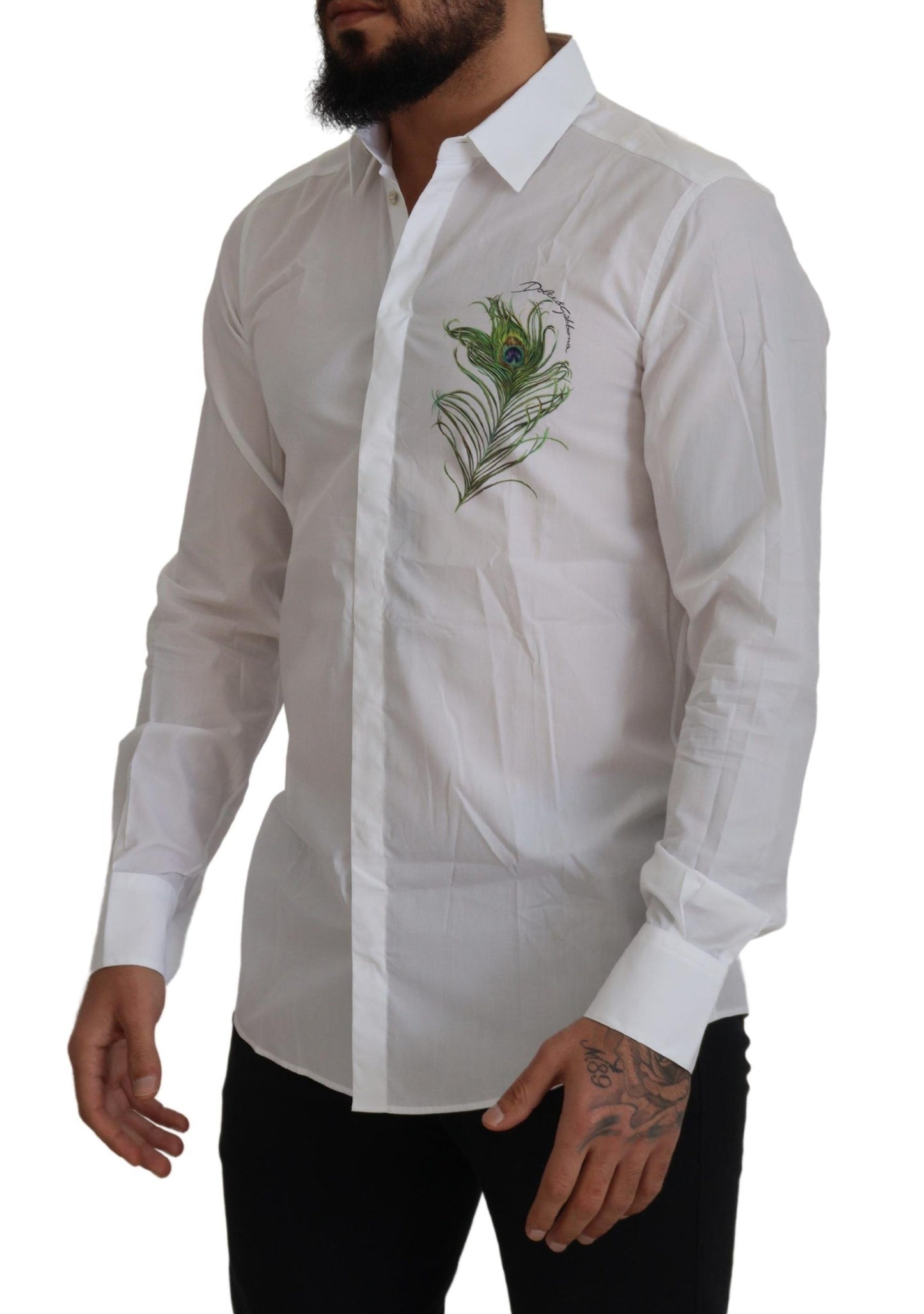 Dolce & Gabbana Elegant White Peacock Feather Dress Shirt Dolce & Gabbana