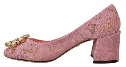 Dolce & Gabbana Pastel Pink Lace Crystal Embellished Pumps Dolce & Gabbana