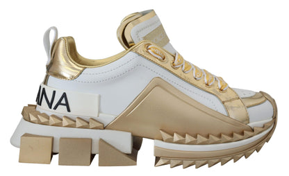 Dolce & Gabbana Elegant White and Gold Leather Sneakers