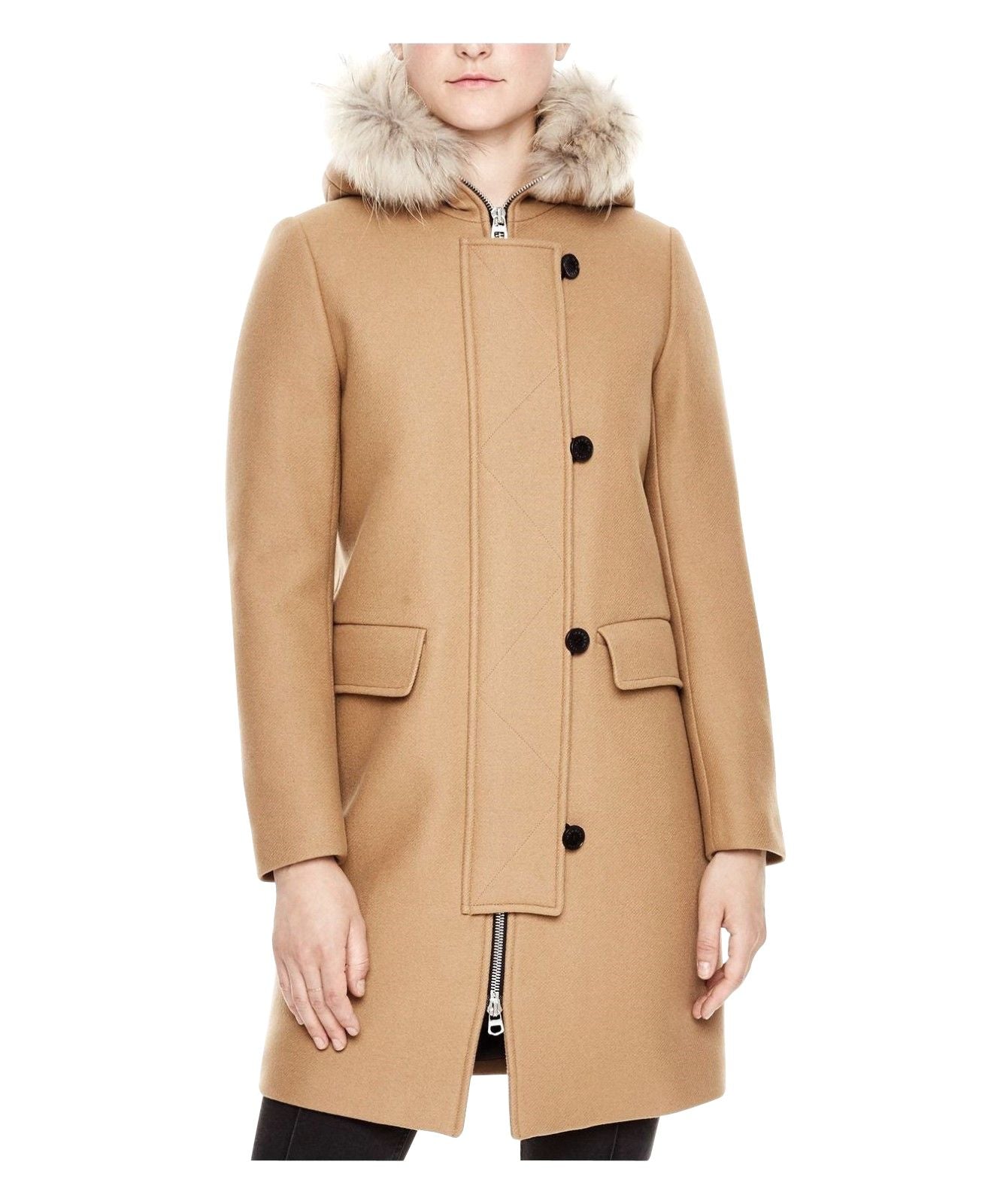 Sandro Women's Camel Kurt Wool Coat Fur Trim Hood Sandro