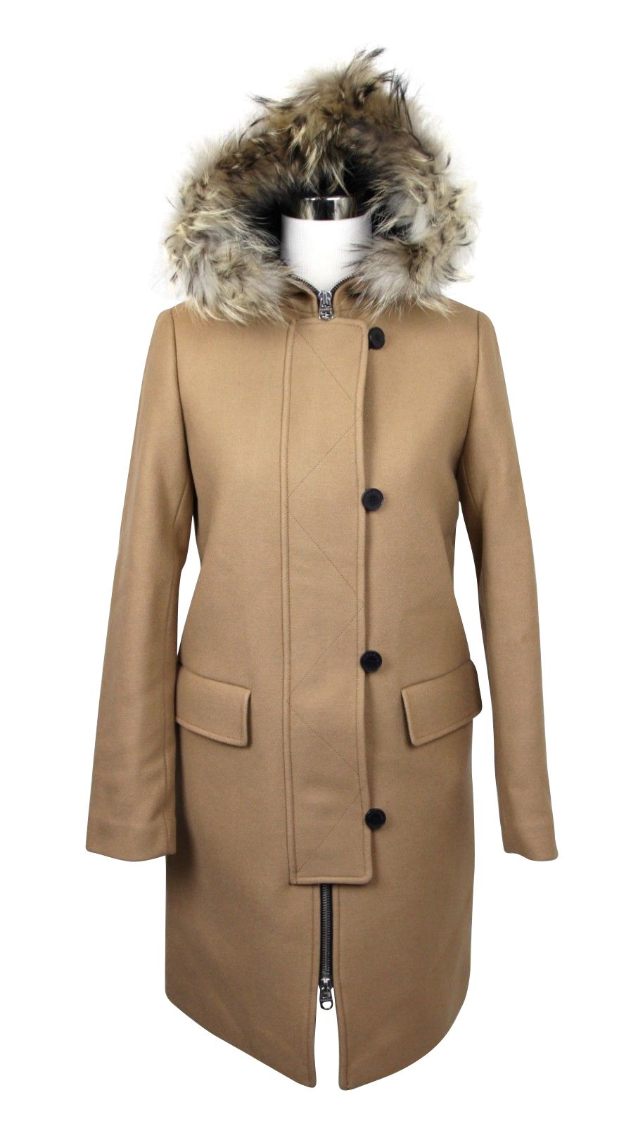 Sandro Women's Camel Kurt Wool Coat Fur Trim Hood Sandro