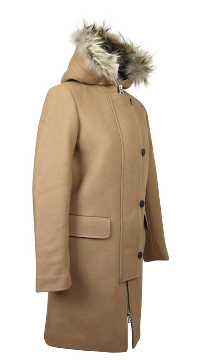 Sandro Women's Camel Kurt Wool Coat Fur Trim Hood Sandro