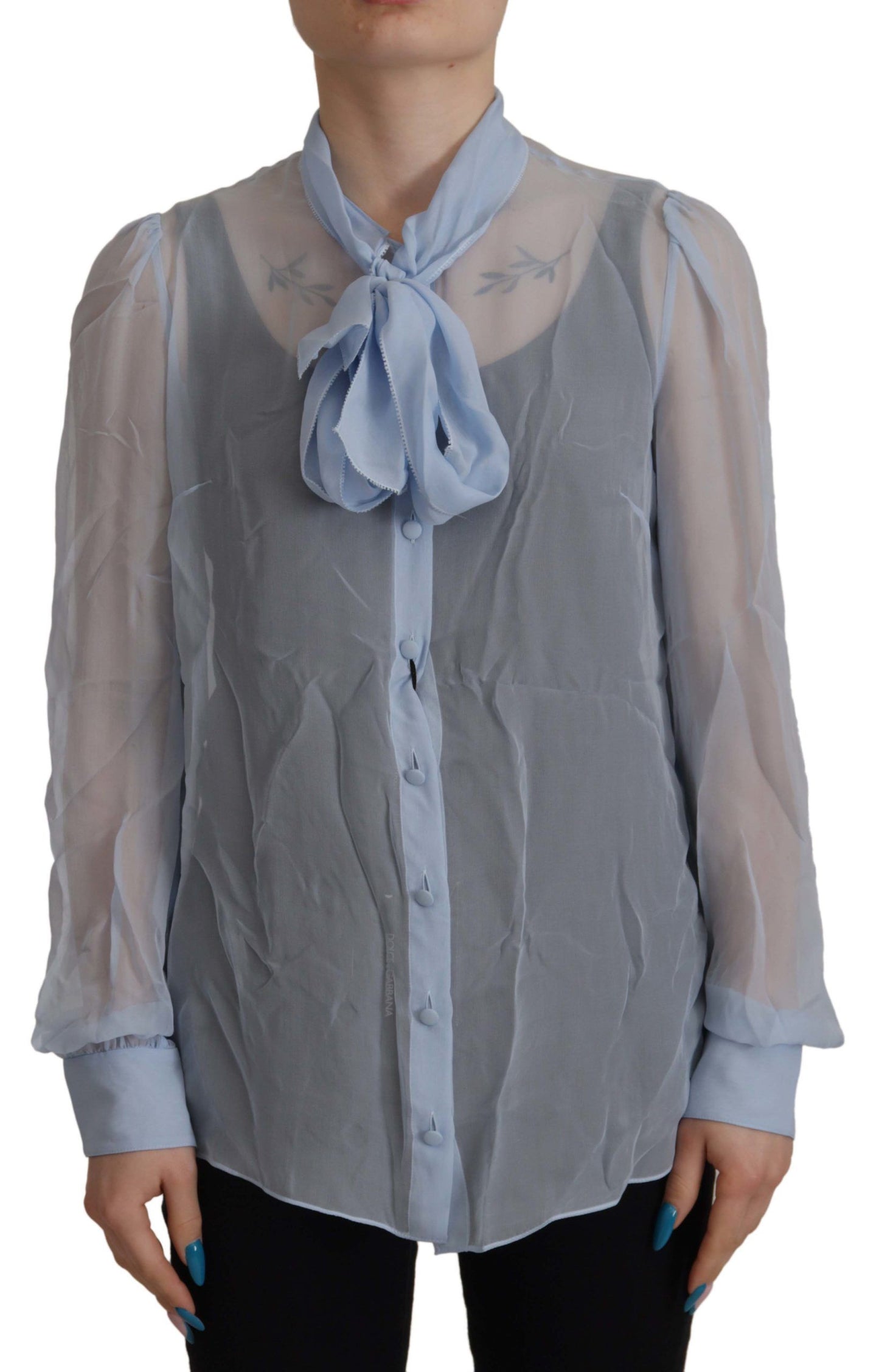 Dolce & Gabbana Elegant Silk Ascot Collar Blouse in Light Blue Dolce & Gabbana