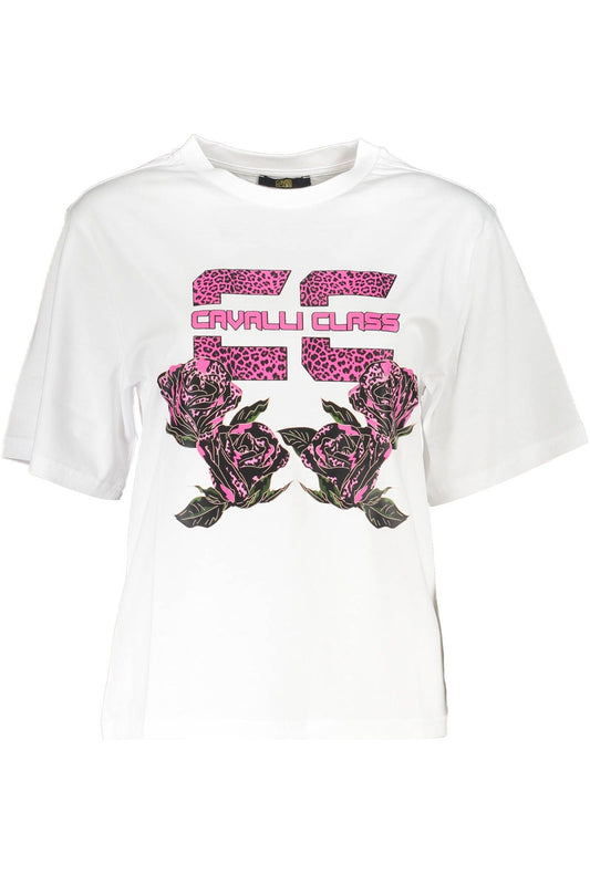 Cavalli Class Chic White Printed Cotton Tee with Designer Flair Cavalli Class