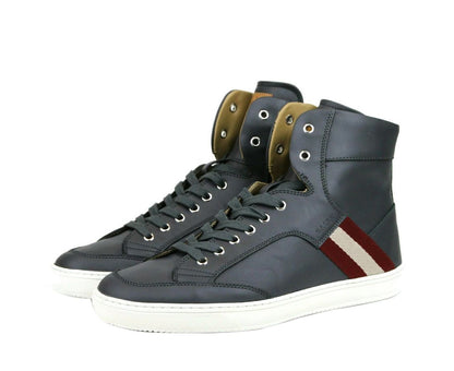 Bally Dark Grey Calf Leather Hi Top Sneaker With Red Beige Bally