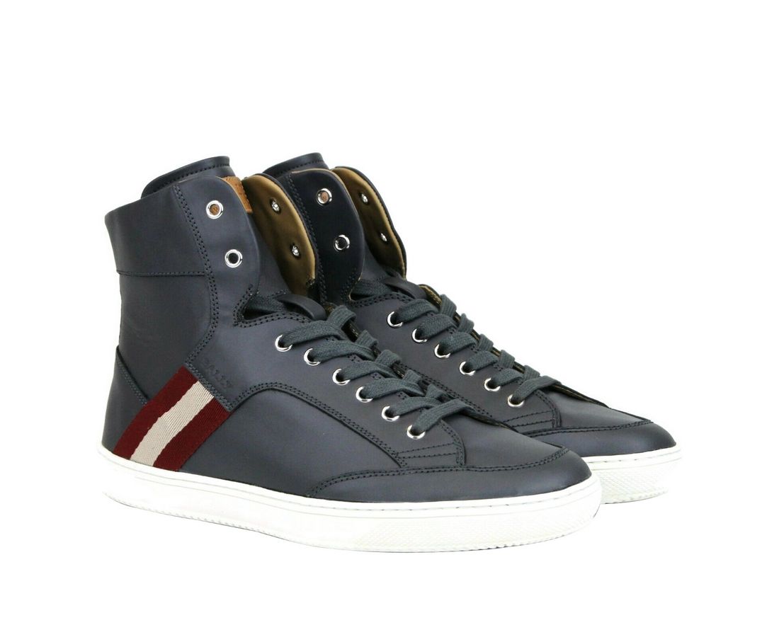 Bally Dark Grey Calf Leather Hi Top Sneaker With Red Beige Bally