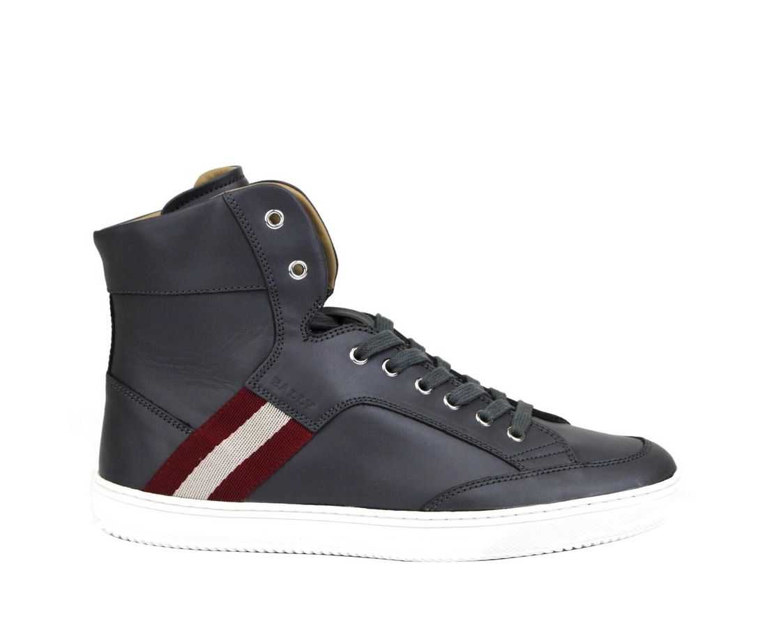 Bally Dark Grey Calf Leather Hi Top Sneaker With Red Beige Bally