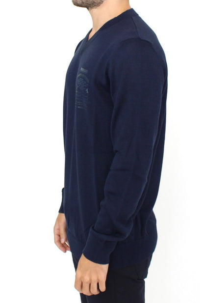 Ermanno Scervino Elegant Blue V-Neck Wool Blend Pullover Ermanno Scervino