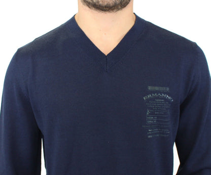 Ermanno Scervino Elegant Blue V-Neck Wool Blend Pullover Ermanno Scervino