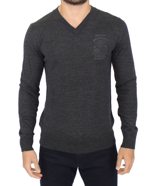 Ermanno Scervino Chic Gray V-Neck Wool Blend Pullover Sweater Ermanno Scervino