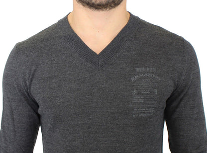 Ermanno Scervino Chic Gray V-Neck Wool Blend Pullover Sweater Ermanno Scervino