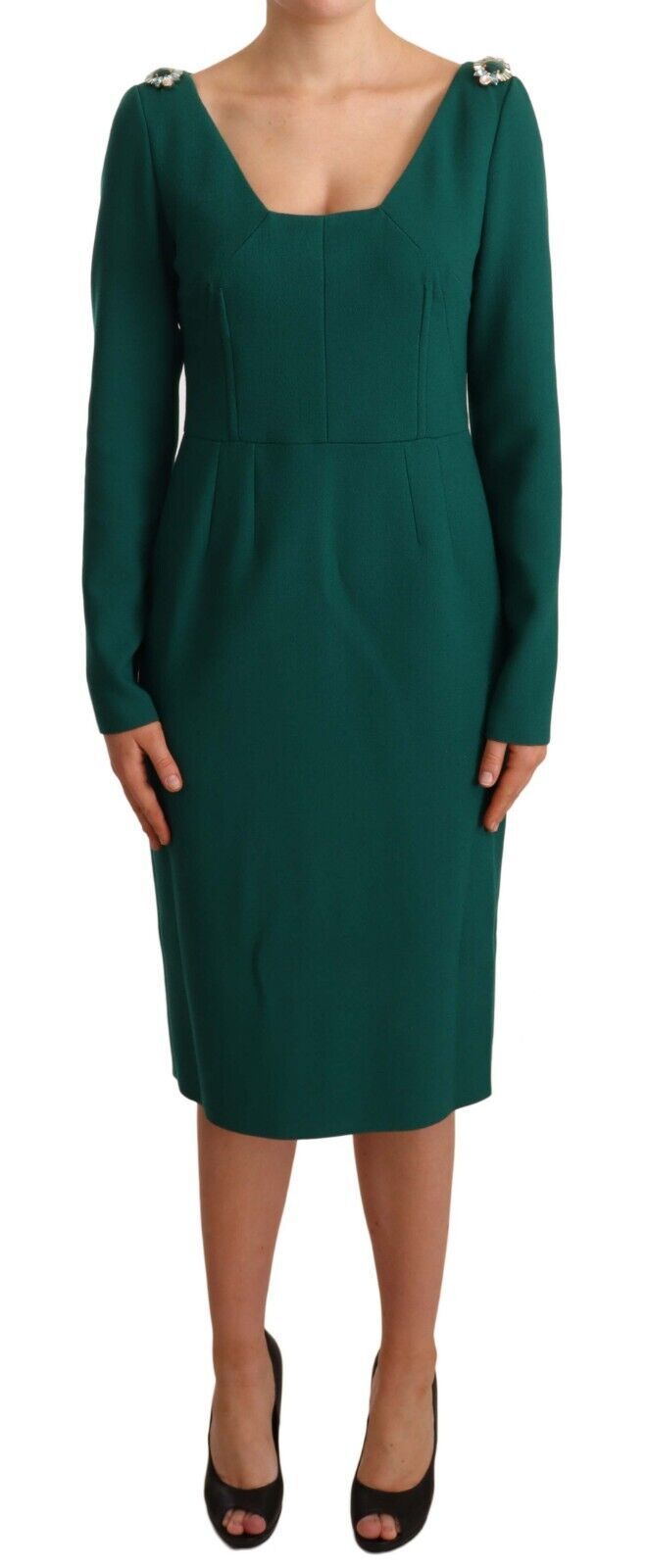 Dolce & Gabbana Emerald Green Midi Sheath Dress with Crystal Brooch Dolce & Gabbana