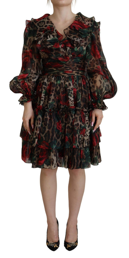 Dolce & Gabbana Silk Leopard Print & Red Roses Dress Dolce & Gabbana