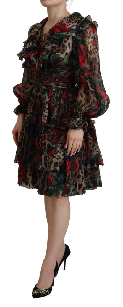 Dolce & Gabbana Silk Leopard Print & Red Roses Dress Dolce & Gabbana