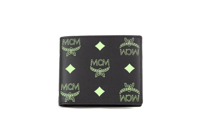 MCM Small Black Summer Green Smooth Visetos Monogram Logo Leather Bifold Wallet MCM