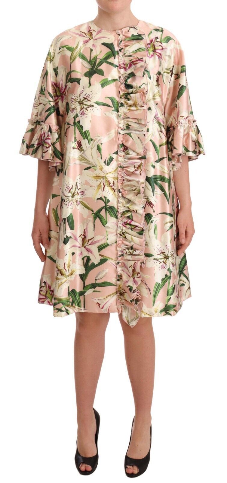 Dolce & Gabbana Elegant Floral Ruffled Silk Long Coat Dolce & Gabbana