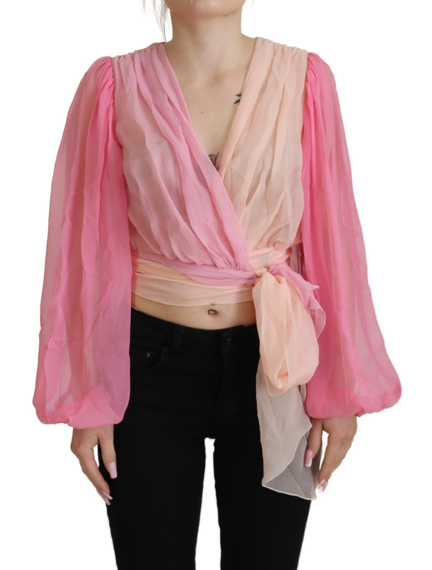 Dolce & Gabbana Silk V-Neckline Wrap Blouse in Pink Dolce & Gabbana