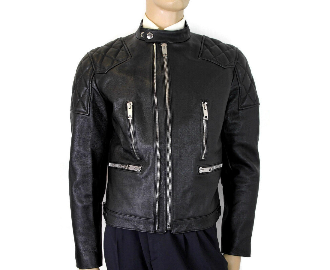 Burberry Men's Black Leather Diamond Quilted Biker Jacket Burberry