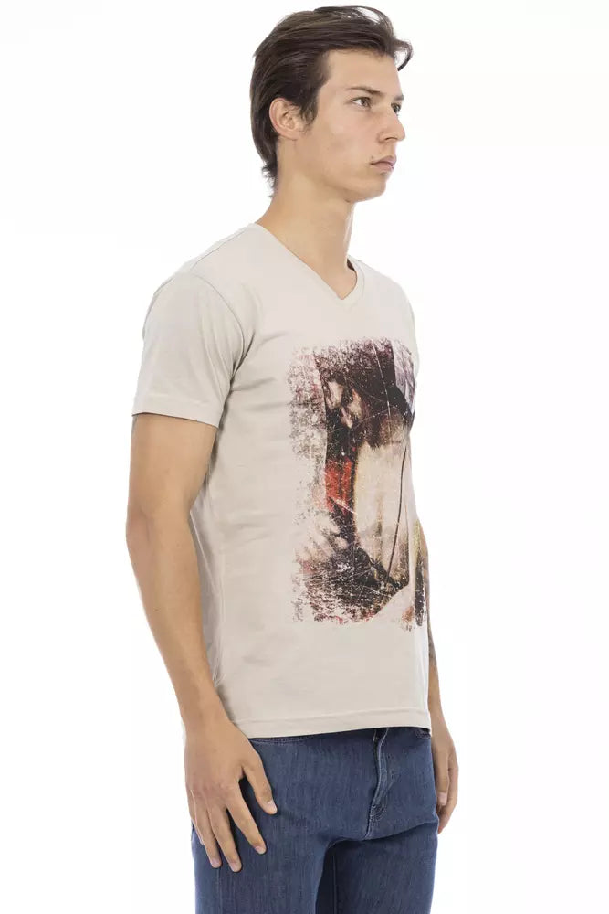 Trussardi Action Beige Cotton Men V-Neck T-Shirt Trussardi Action