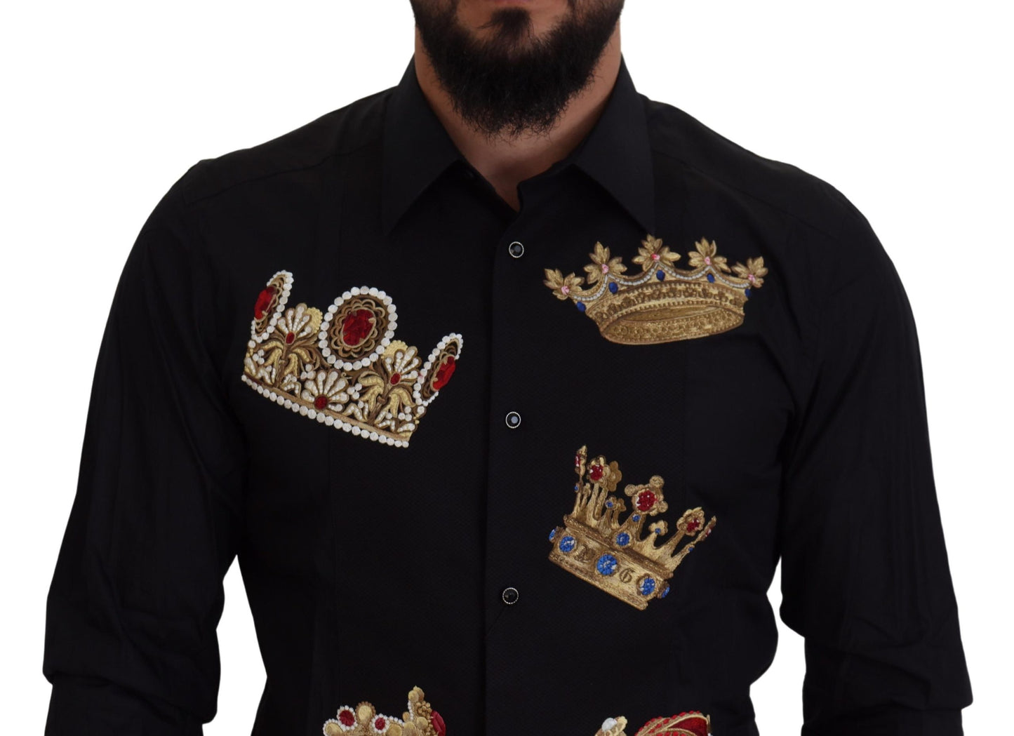 Dolce & Gabbana Elegant Black Slim Fit Dress Shirt with Crown Embroidery Dolce & Gabbana