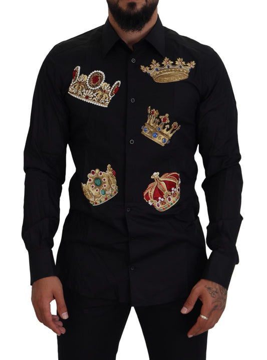 Dolce & Gabbana Elegant Black Slim Fit Dress Shirt with Crown Embroidery Dolce & Gabbana