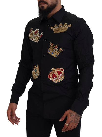 Dolce & Gabbana Elegant Black Slim Fit Dress Shirt with Crown Embroidery Dolce & Gabbana