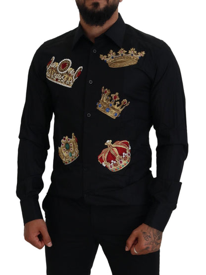 Dolce & Gabbana Elegant Black Slim Fit Dress Shirt with Crown Embroidery Dolce & Gabbana