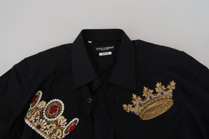 Dolce & Gabbana Elegant Black Slim Fit Dress Shirt with Crown Embroidery Dolce & Gabbana