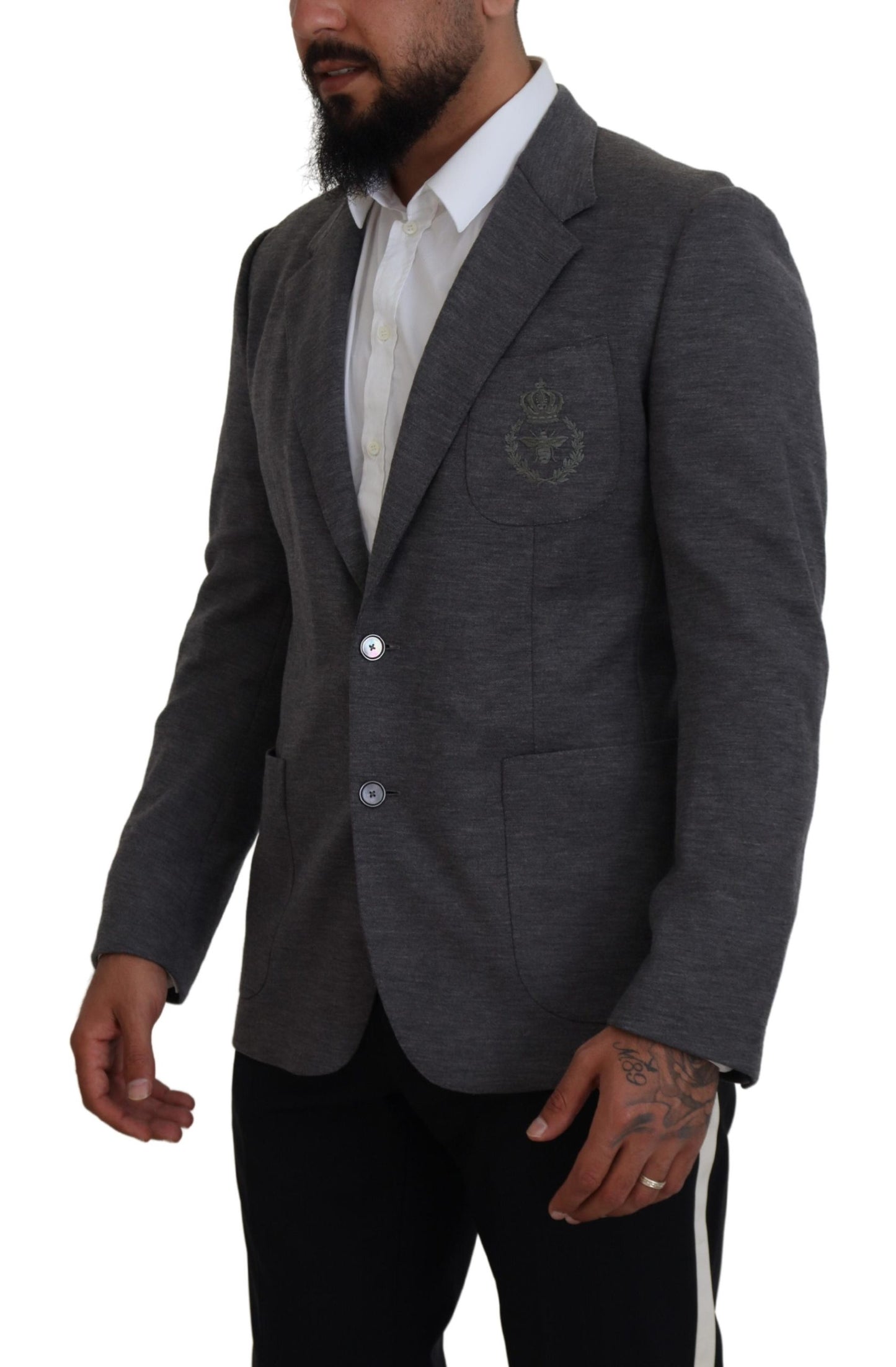 Dolce & Gabbana Elegant Gray Wool Blazer with Bee Crown Embroidery Dolce & Gabbana