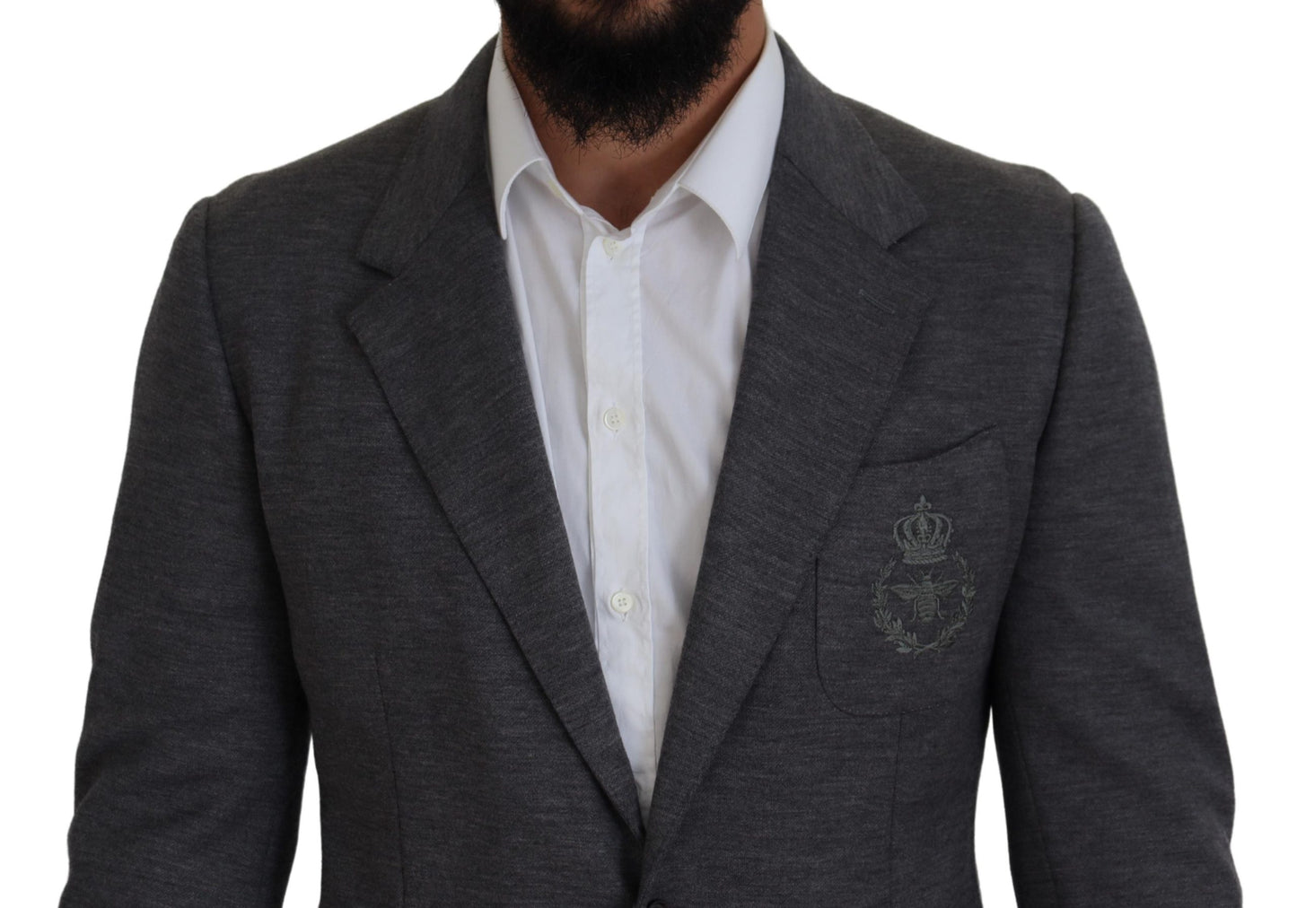 Dolce & Gabbana Elegant Gray Wool Blazer with Bee Crown Embroidery Dolce & Gabbana