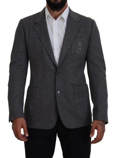 Dolce & Gabbana Elegant Gray Wool Blazer with Bee Crown Embroidery Dolce & Gabbana