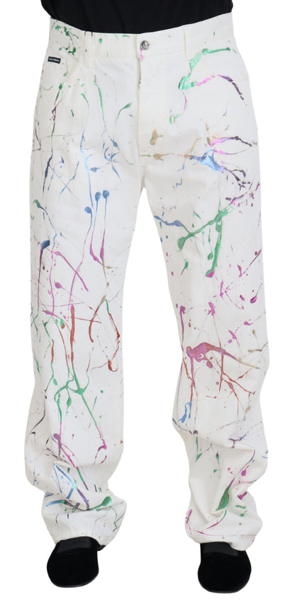 Dolce & Gabbana Chic White Splash Print Denim Pants Dolce & Gabbana