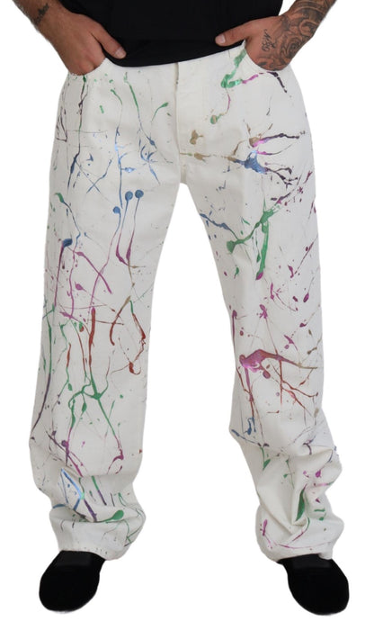 Dolce & Gabbana Chic White Splash Print Denim Pants Dolce & Gabbana