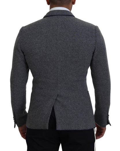 Dolce & Gabbana Elegant Gray Wool Blazer with Blue Rose Embroidery Dolce & Gabbana