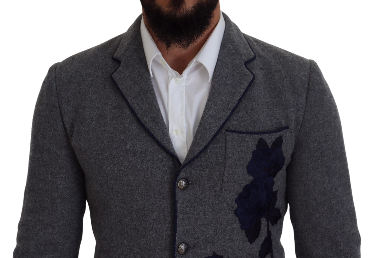 Dolce & Gabbana Elegant Gray Wool Blazer with Blue Rose Embroidery Dolce & Gabbana